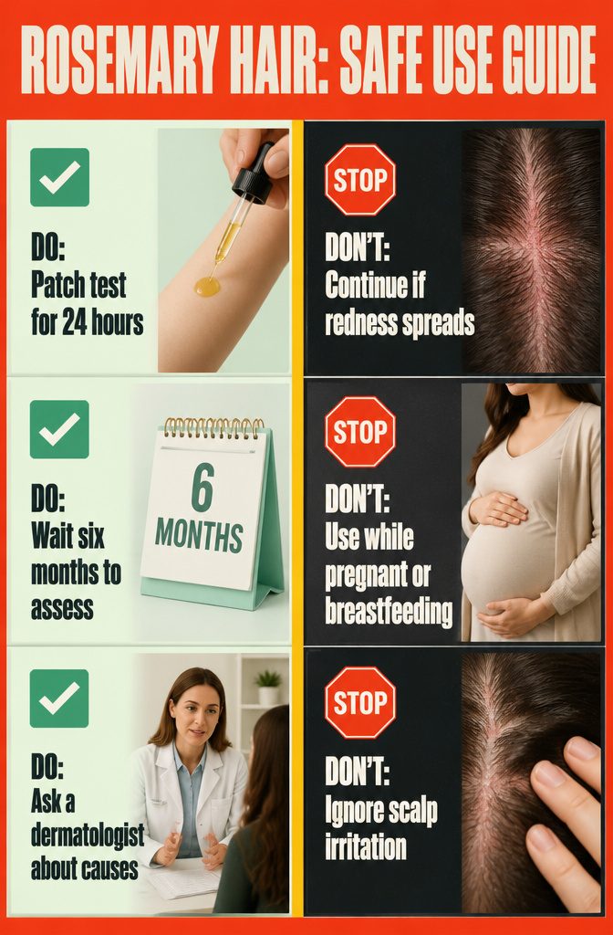 Beauty infographic titled Rosemary Hair Safe Use Guide