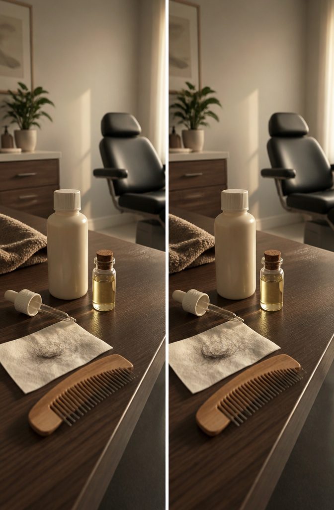 Rosemary sprigs beside an oil bottle on a bathroom counter