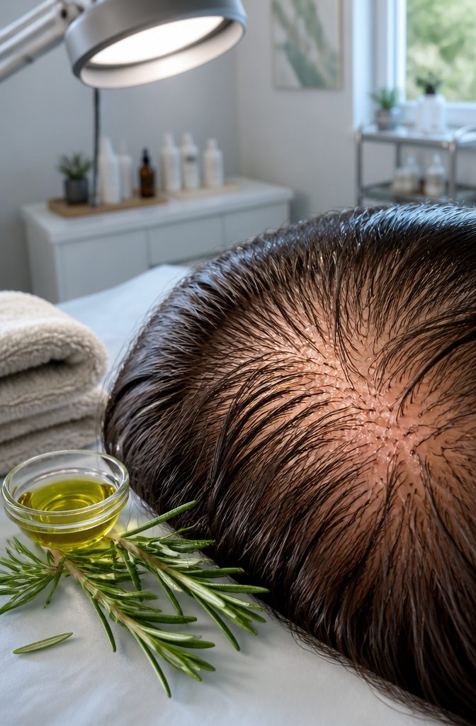 Fresh rosemary sprigs beside a bottle of oil for hair care
