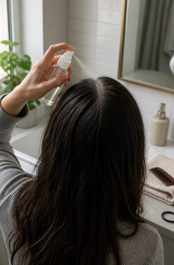 Spray bottle misting exposed roots and scalp beneath parted dark hair
