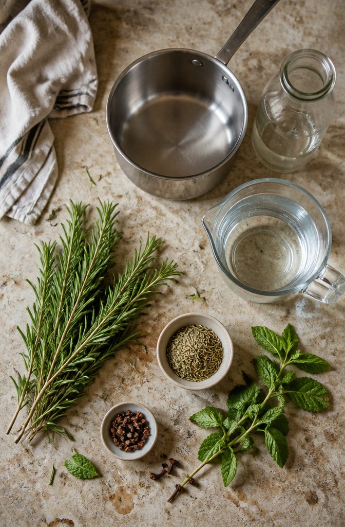 Fresh rosemary sprigs arranged with water for a hair recipe