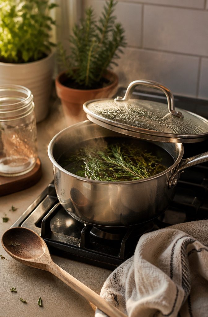 Rosemary sprigs steeping in hot water inside a covered saucepan