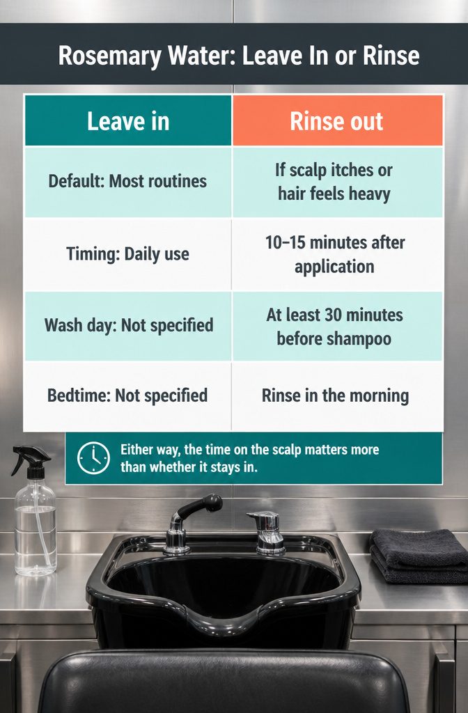 Graphic comparing leave-in and rinse-out use of rosemary water