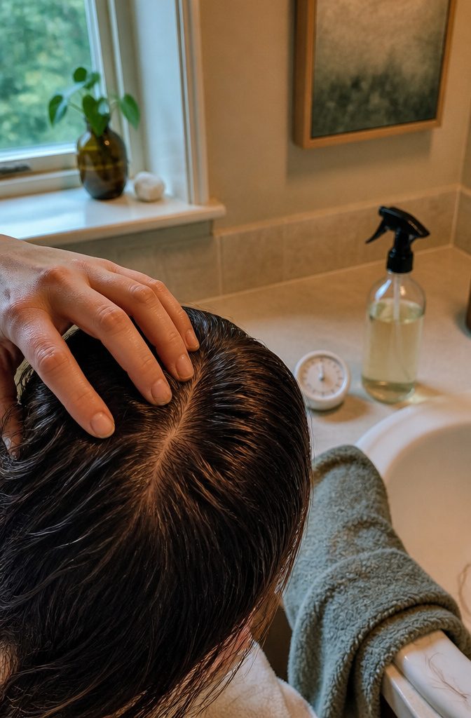 Fingertips moving in small circles across a damp parted scalp