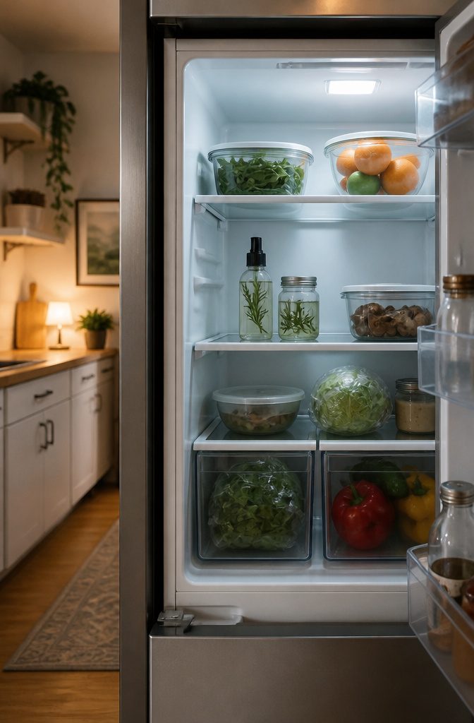 Bottle of homemade rosemary water stored in a refrigerator