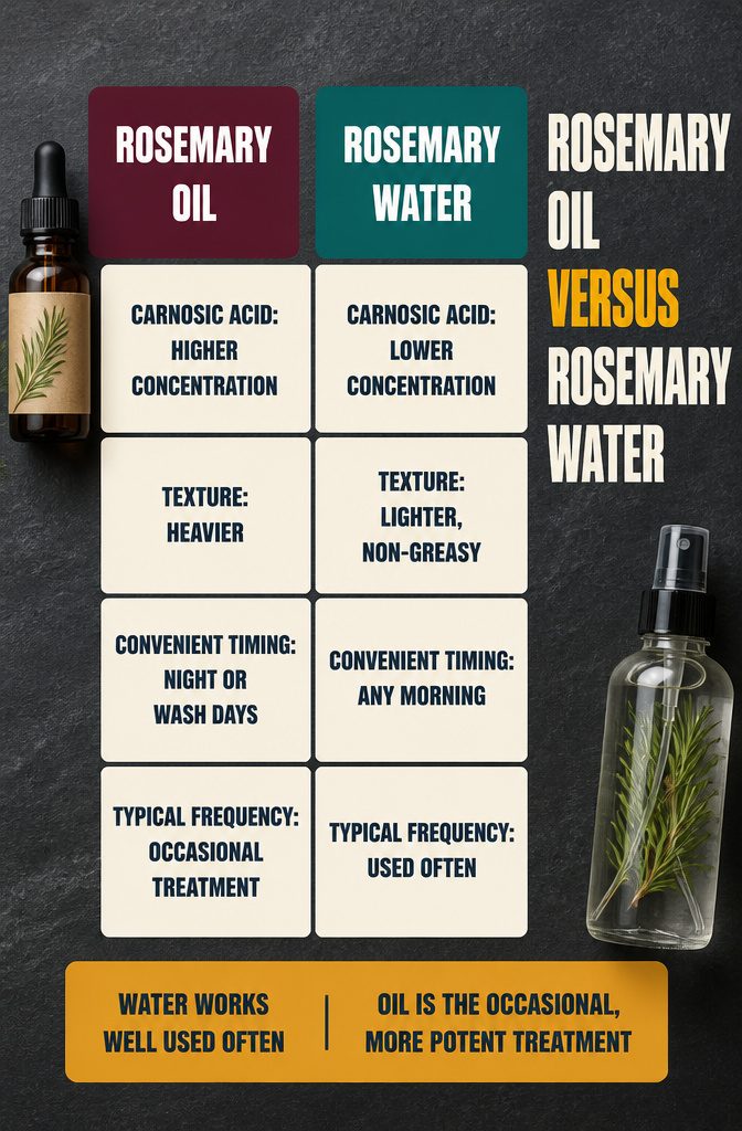 Graphic comparing rosemary water and rosemary oil