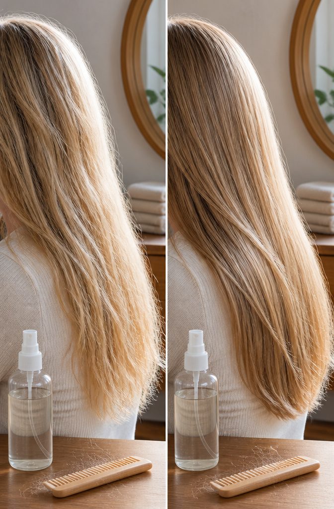 Hair beside a bottle of rosemary water