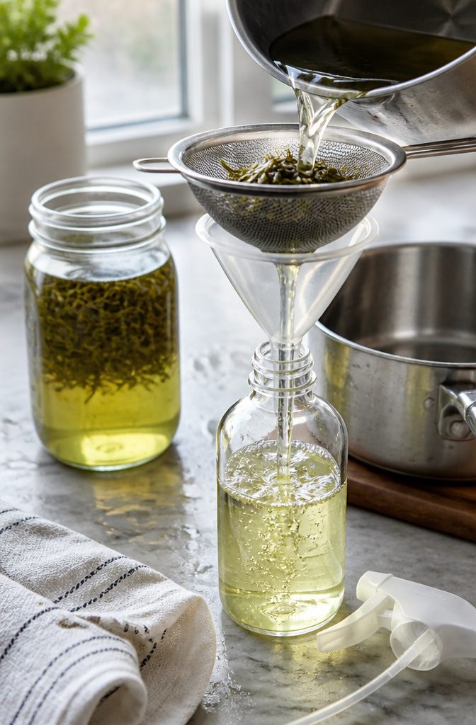 Cooled rosemary infusion passing through a strainer and funnel into a spray bottle