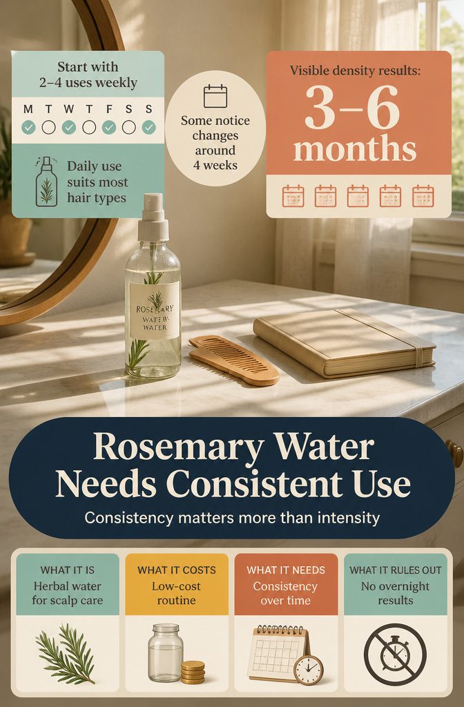 Graphic about consistent rosemary water use and hair growth timing