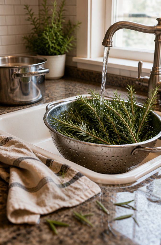 Green rosemary sprigs rinsing in a metal colander beneath a faucet