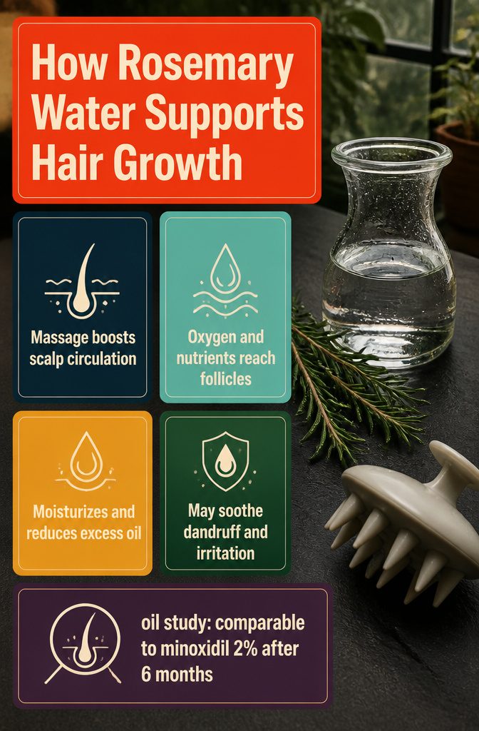 Graphic listing ways rosemary water may support hair growth
