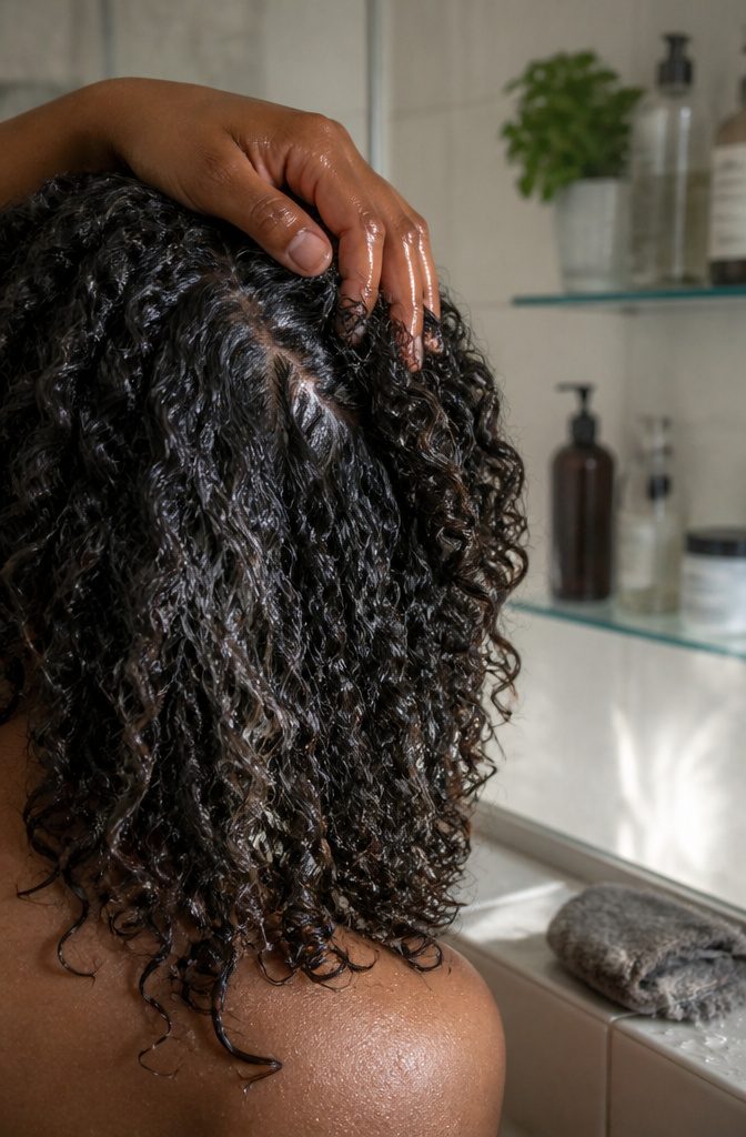 Low-porosity curls beside clarifying shampoo for removing surface product residue