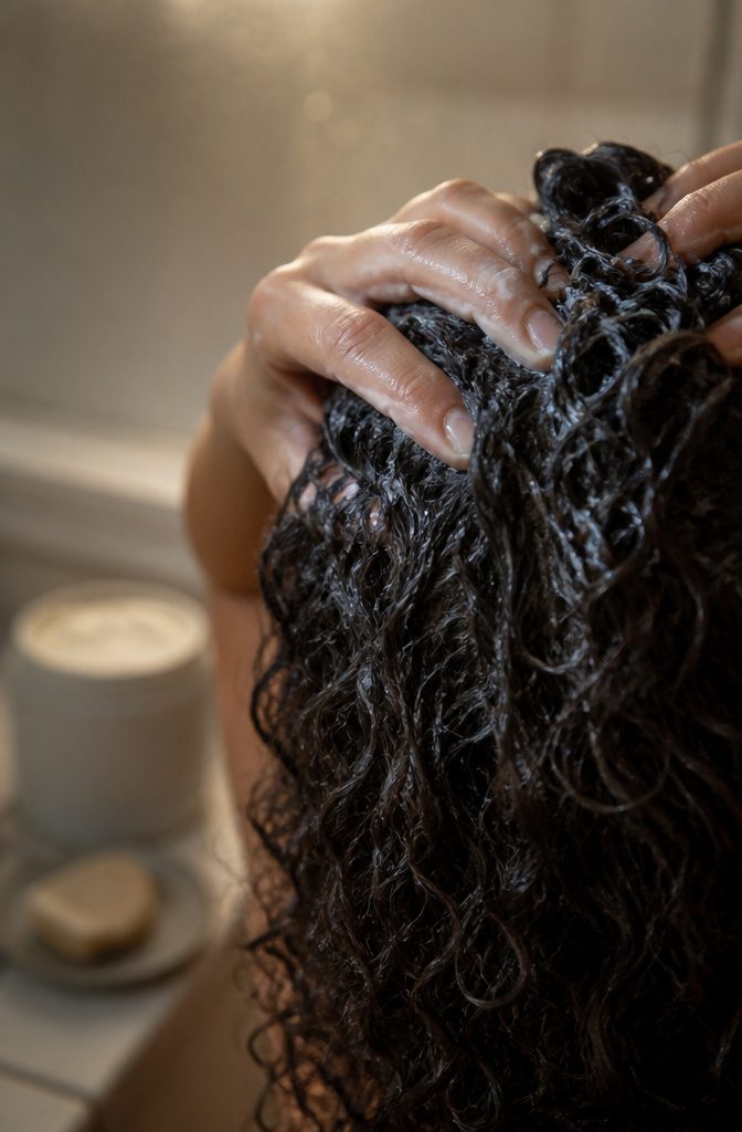 Low-porosity curls beside a thick co-wash cleanser