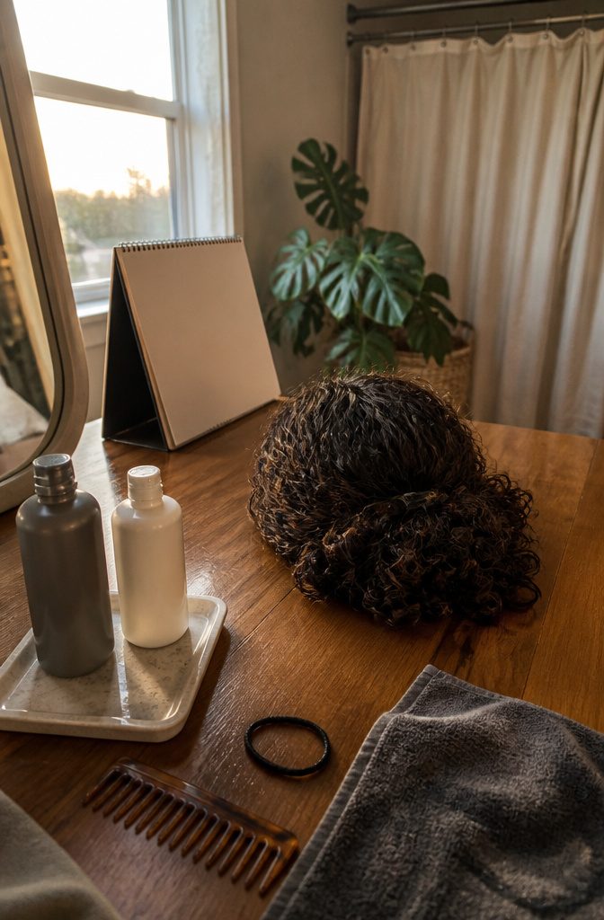 Loose curls beside a weekly planner and two unmarked shampoo containers