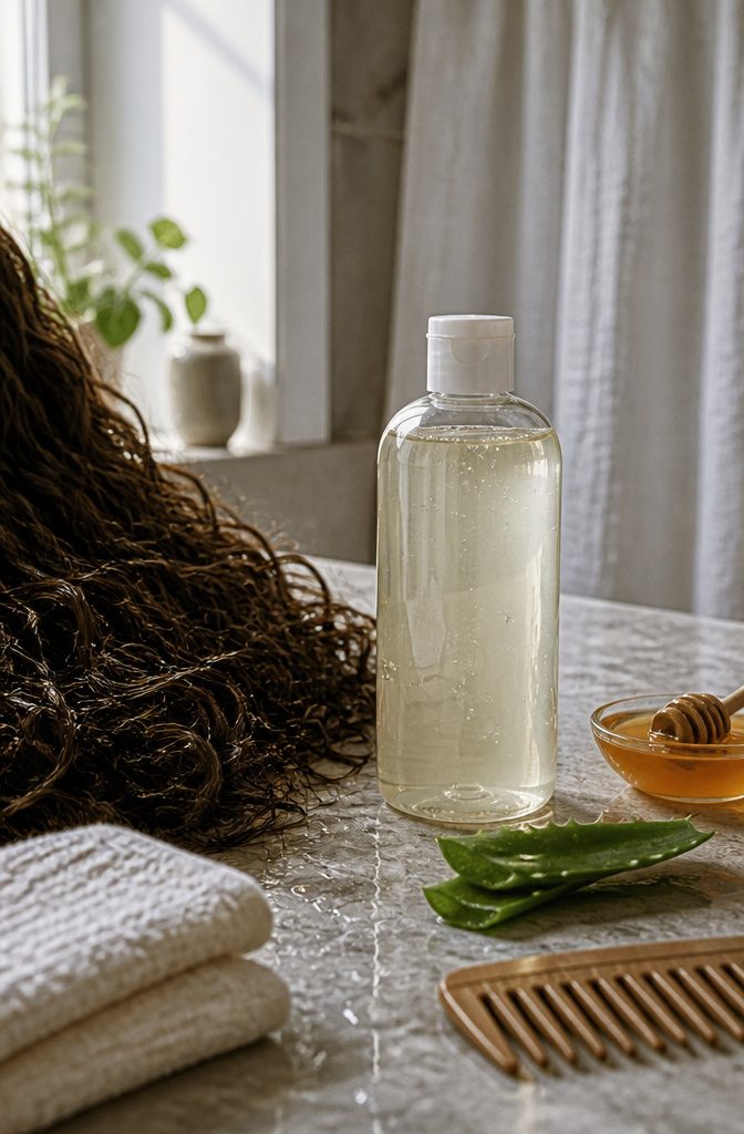 Water-based shampoo beside loose curls with honey and a cut aloe leaf