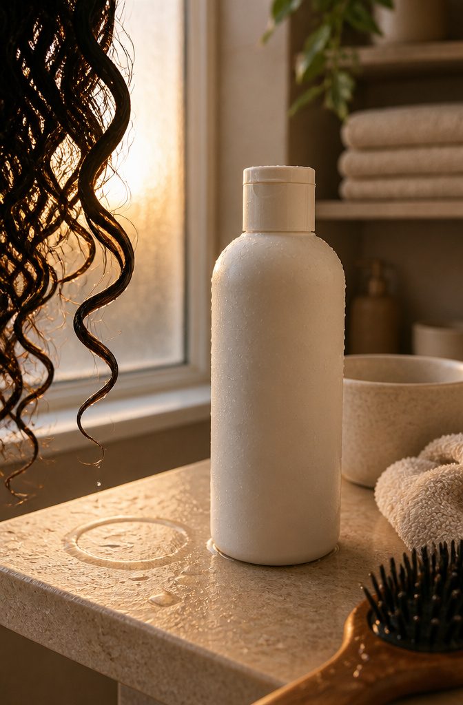 Low-porosity curls beside protein-free shampoo and a strengthening treatment