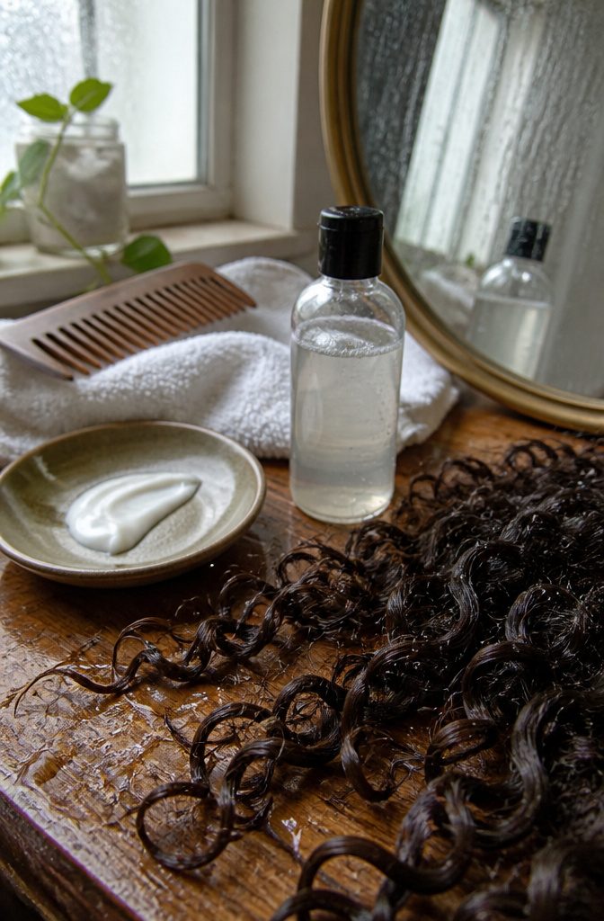 Damp curls with water beads beside lightweight shampoo and thick cream on ceramic