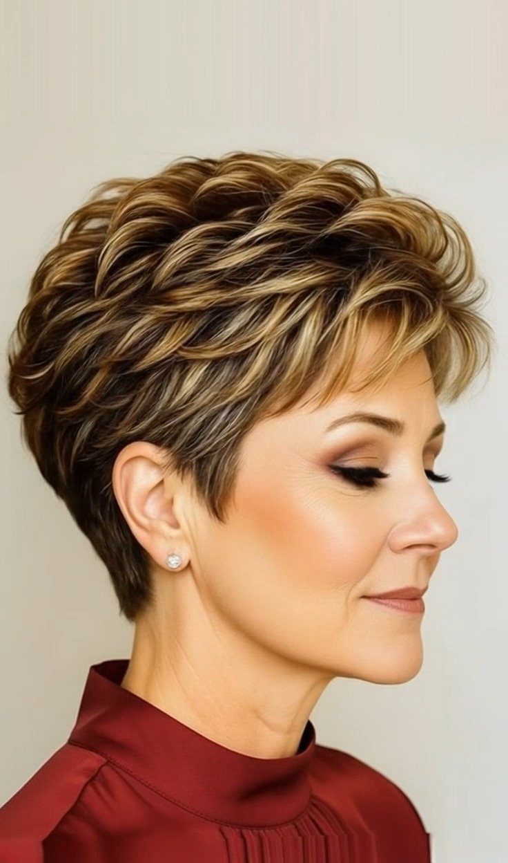Woman with a short, voluminous layered pixie cut and golden-brown highlights in profile.