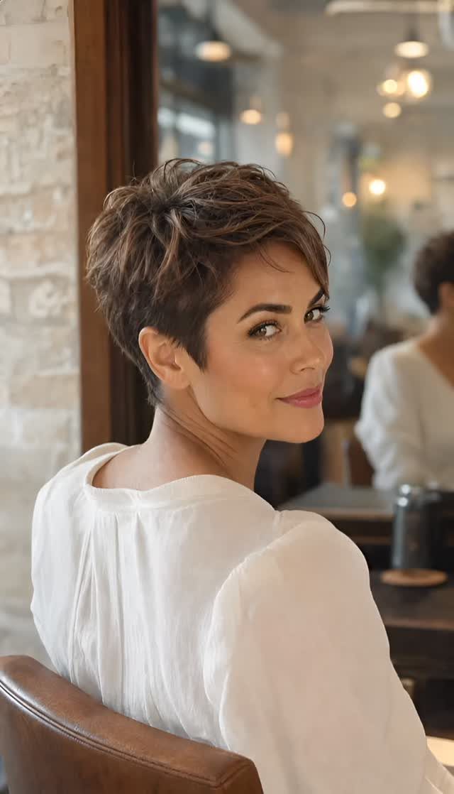 Woman with a short textured brown pixie cut wearing a white blouse.