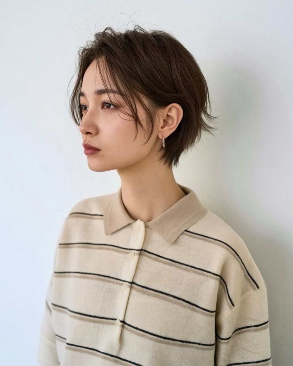 Woman with short brown textured hair and side-swept bangs wearing a striped polo shirt.