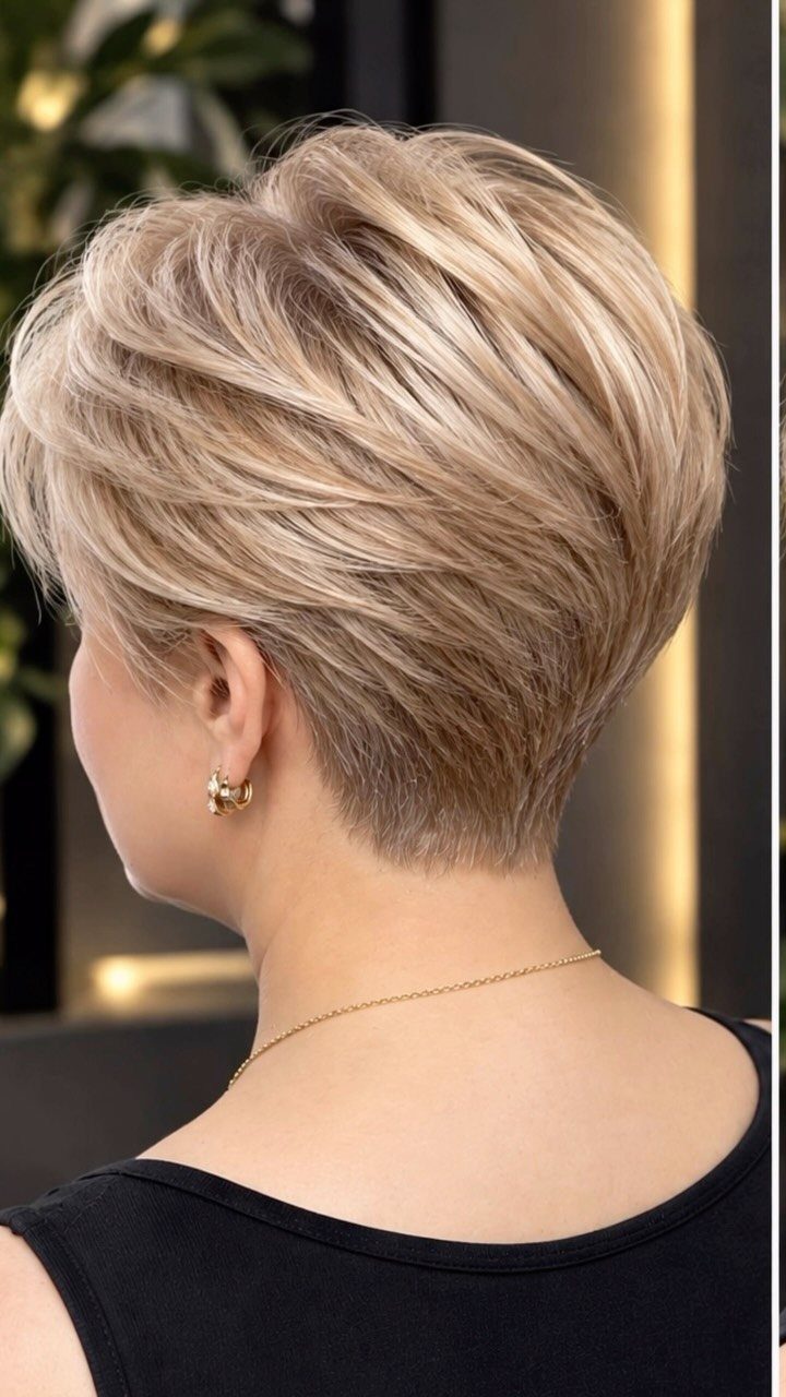 Blonde stacked pixie cut with voluminous layers and a tapered back on a woman.