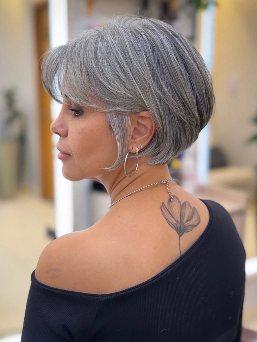 Woman with a salt-and-pepper bob hairstyle, gray and dark hair, side profile view.