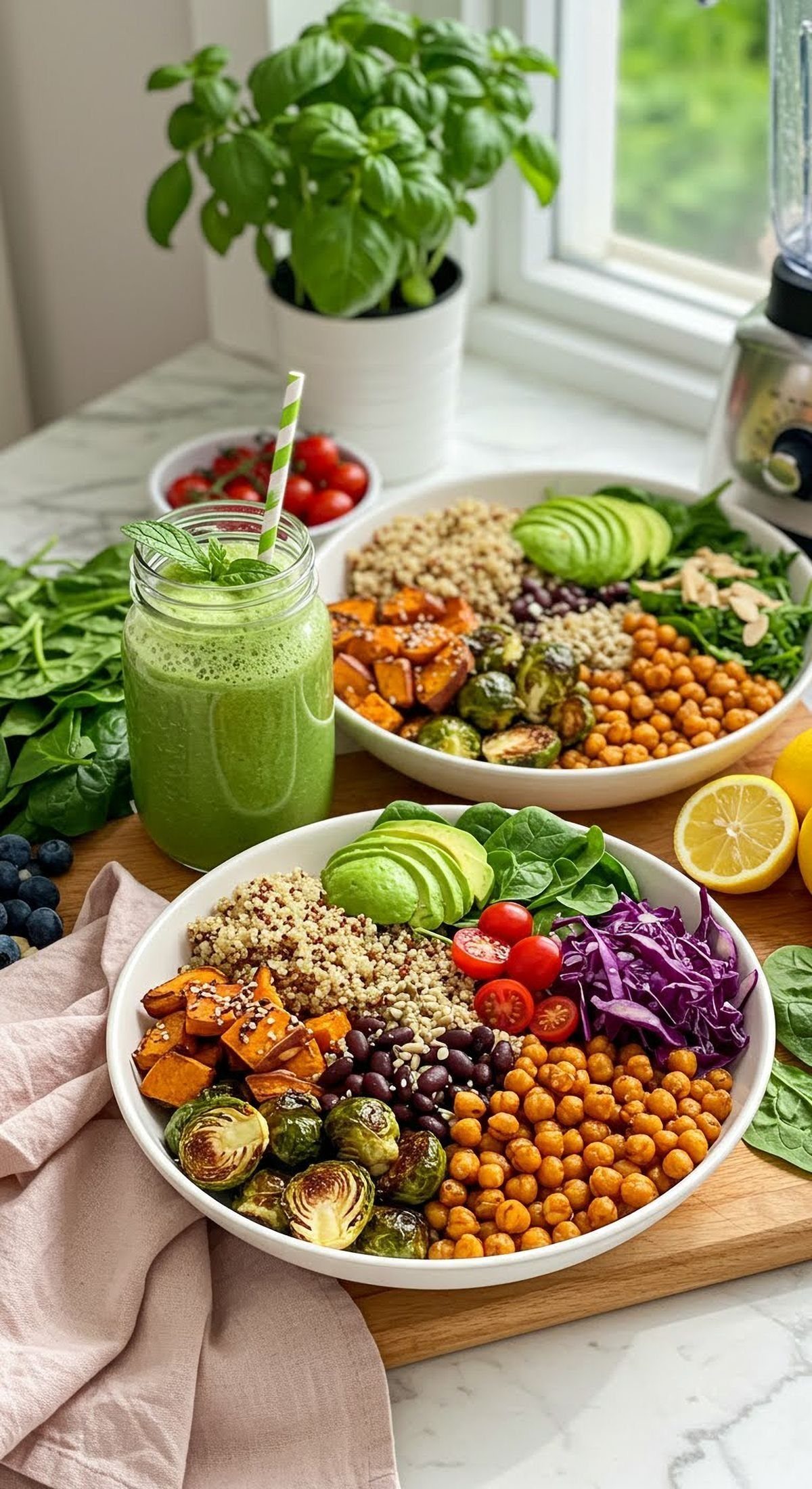 Healthy bowls with quinoa, avocado, and leafy greens next to a green smoothie.