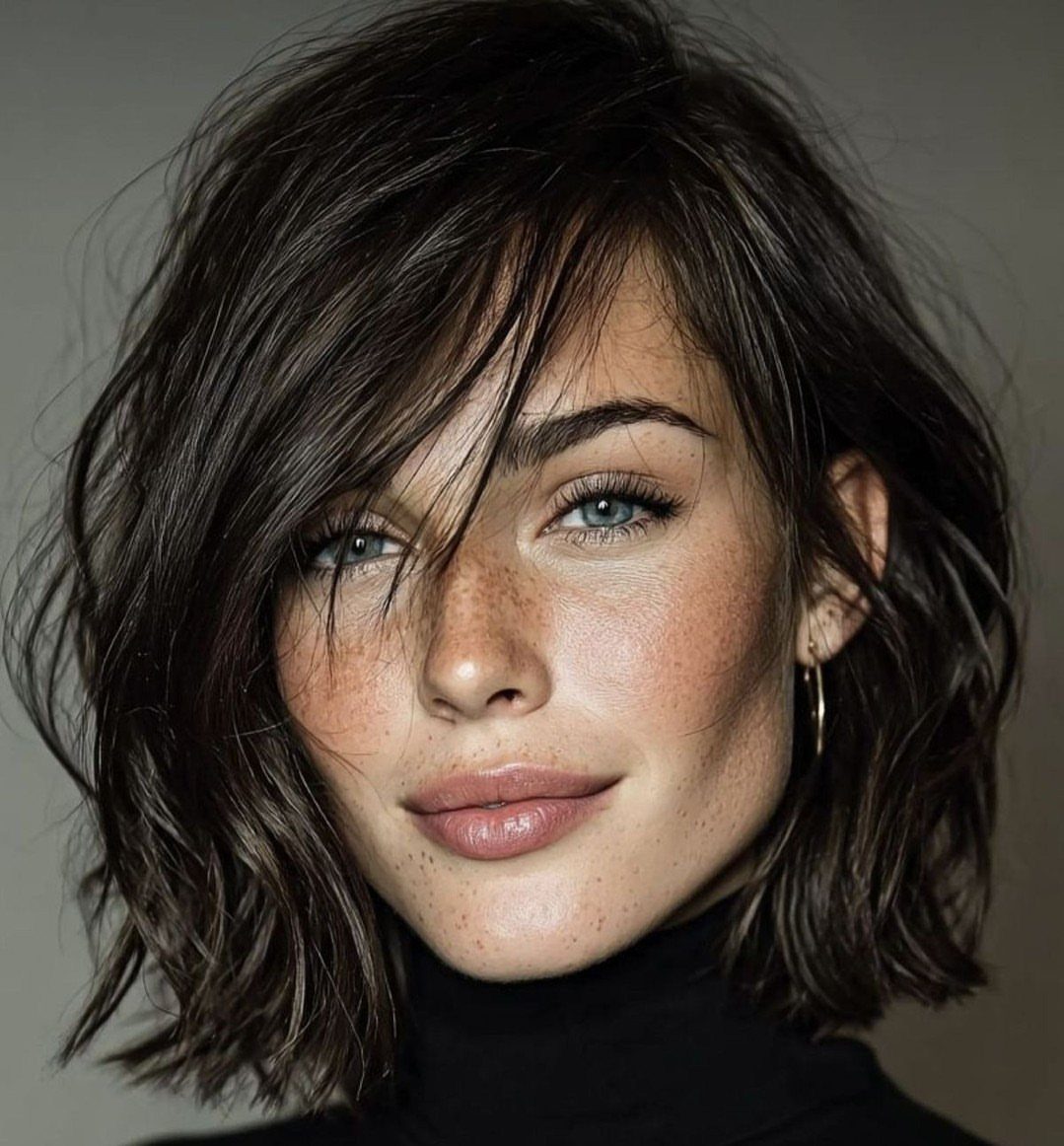 Woman with wavy dark brown hair and side-swept bangs wearing a black turtleneck.