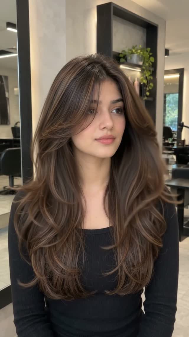Woman with long brown wavy hair and soft face-framing layers in a salon.
