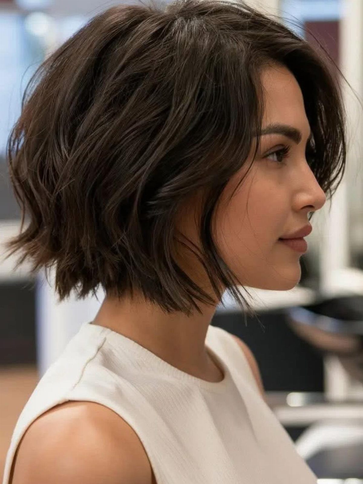 Woman with a dark brown textured bob haircut with wavy, feathered layers.