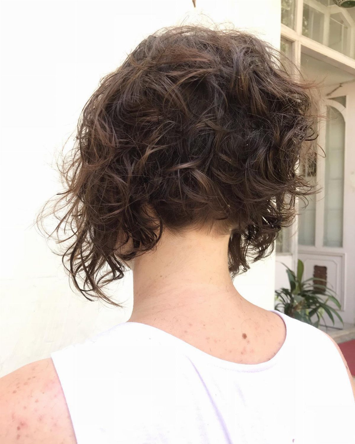 Short wavy brown hair with a frizzy texture seen from the back.