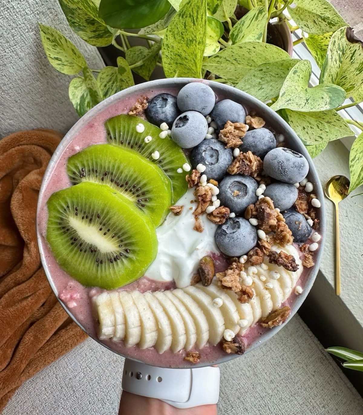 Smoothie bowl with pink base topped with kiwi, blueberries, banana, and yogurt.
