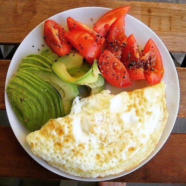 Omelette, sliced avocado, and seasoned tomatoes served on a white plate.