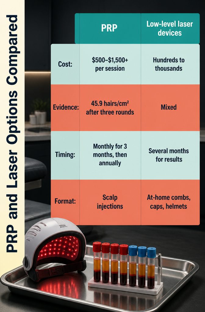 PRP treatment vial beside a low-level laser hair device