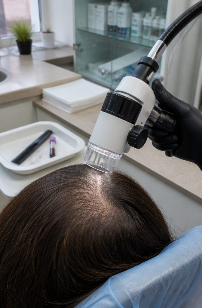 Person with thinning hair meeting a doctor for a scalp assessment