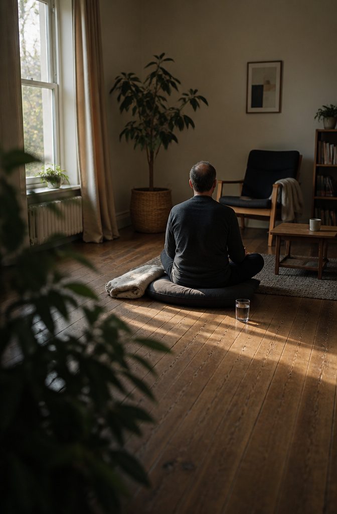 Person practicing meditation in a quiet room to manage stress