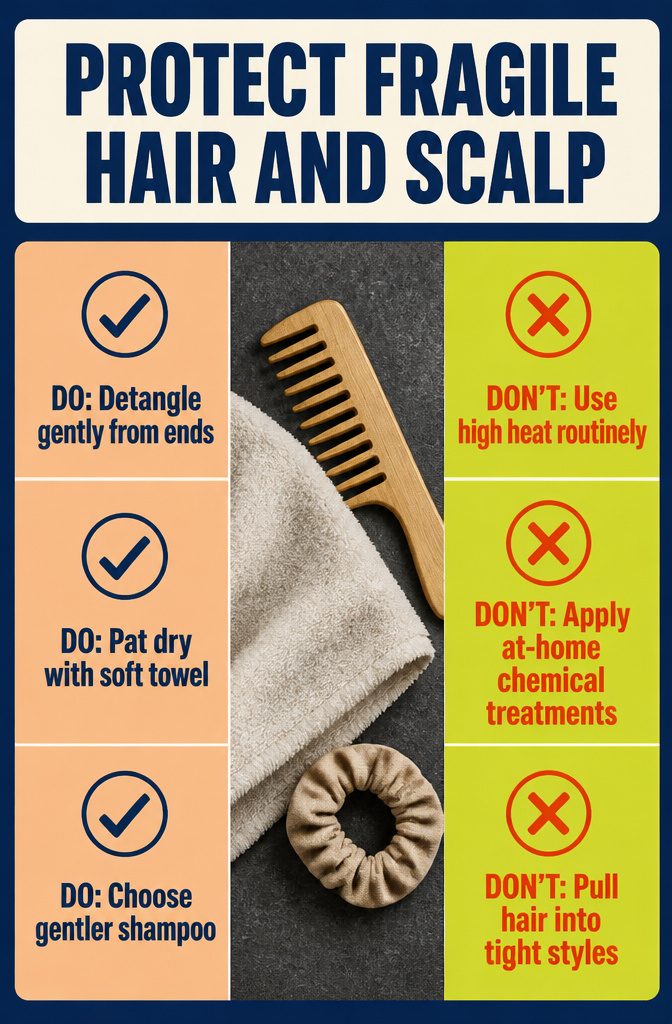 Wide-tooth comb gently detangling damp hair from the ends