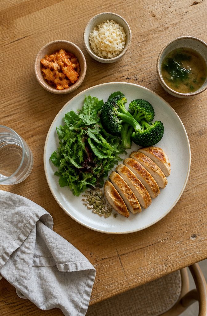 Protein-rich foods and leafy greens arranged beside a small supplement bottle