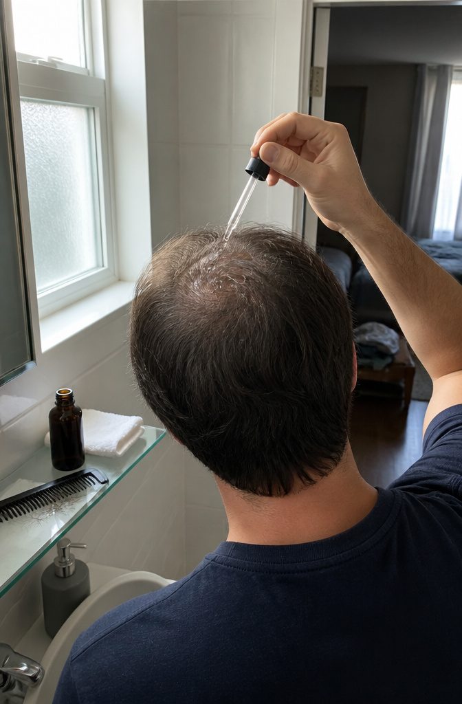 Dropper applying clear minoxidil liquid to thinning hair at the crown