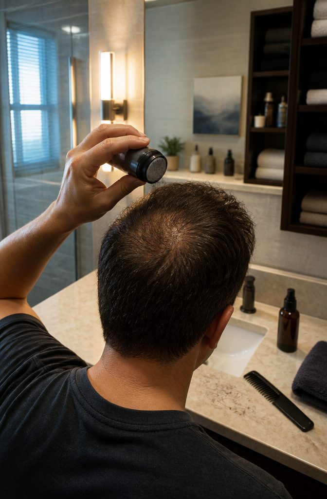 Person shaking dark hair fibers onto thinning strands at the crown